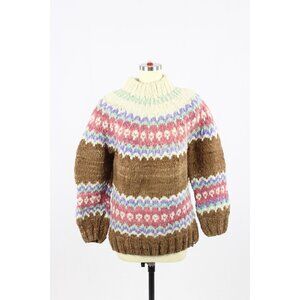 Vintage Handmade Ecuadorian Brown Pink Lopi Fair Isle 100% Wool Knit Sweater